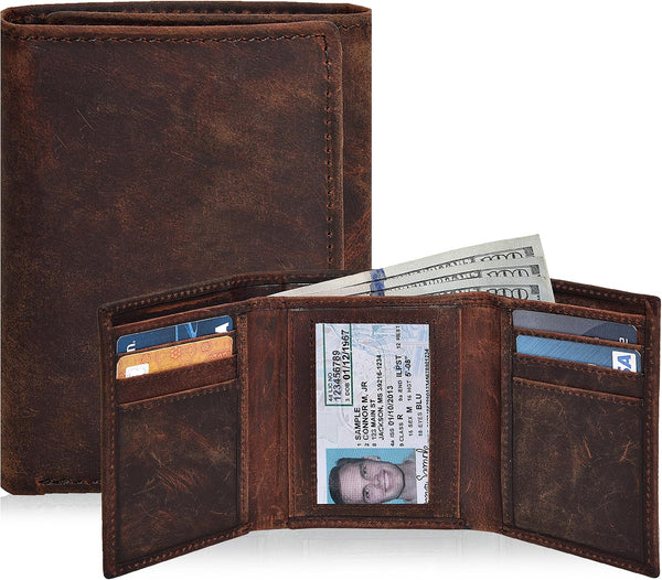 Real Leather Mens Trifold Wallet RFID Blocking Slim Minimalist Front Pocket - Thin & Stylish with ID Window in Gift Box Vintage Brown-No Box