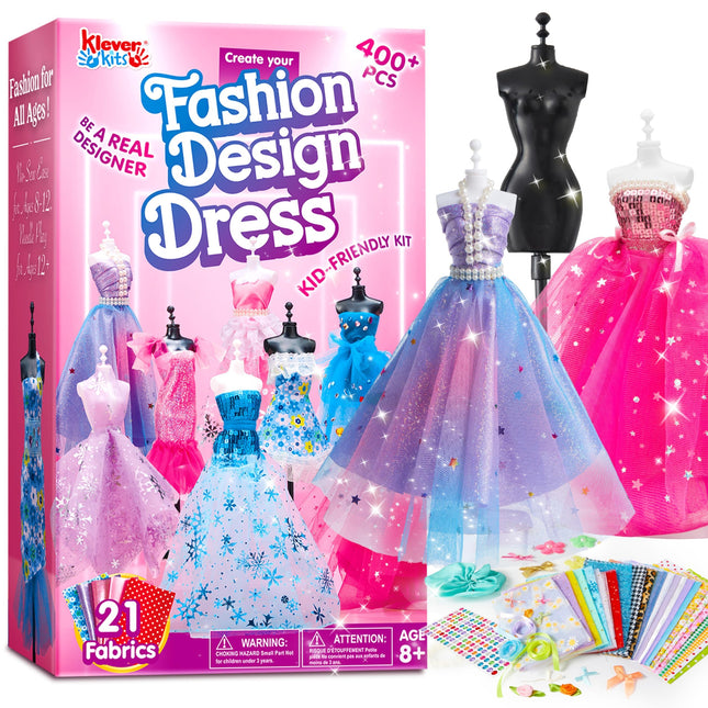 Klever Kits 400+PCS Fashion Design Crafts for Kids, Art and Crafts, DIY Sewing Kits with 3 Mannequins for Girls Aged 8-1