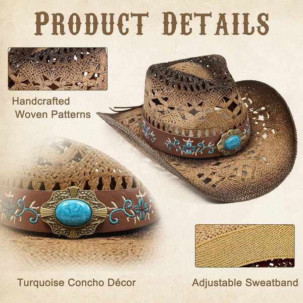 FLUFFY SENSE. Cowgirl Hats for Women Straw Cowboy Hat Western Beach Sun Hat with Shapeable Brim for Coastal Cowgirl 6 5/8-7 1/2 Pecan Brown
