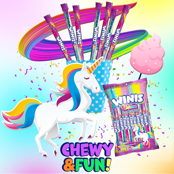Winis Unicorn | Cotton Candy Chewy Taffy Swirl | 4.3 Oz, 11 Pieces | Chewy cotton candy flavored swirls, non-melting and party ready, sharing size