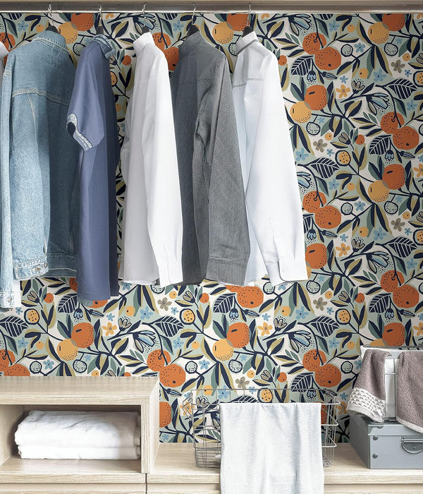 NuWallpaper x Pip & Lo Navy Clementine Garden Peel Stick Wallpaper, PLS4199
