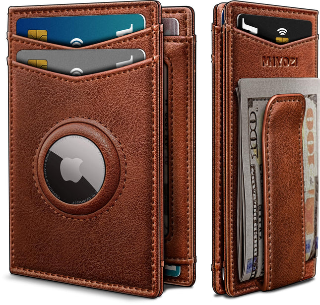 Airtag Wallet for Men- with Money Clip Gift Boxed, Magnetic Closure Slim Genuine Leather Front Pocket Wallet, 3.9"X 2.7"