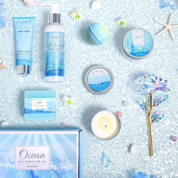Gifts for Women, Ocean Scented Spa Gift for Women Birthday 7 Luxury Self Care Package, Gift Basket Care Package for Her Wife Mom Friends Female Bff