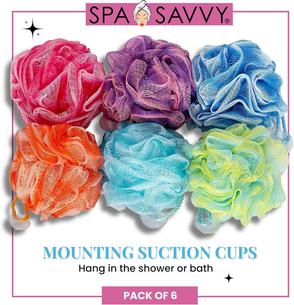 Bath Loofah Set, 6 Pack Shower Pouf Body Sponges with Suction Cups, Exfoliating Bath Accessories for Men and Women, Multicolor 6 Count (Pack of 1)