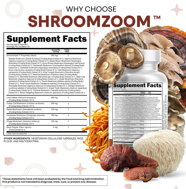 Clean Nutraceuticals Lions Mane 20in1 Mushroom Supplement with Turkey Tail Reishi Cordyceps Chaga Maitake Meshima Poria Cocos Shiitake Oyster