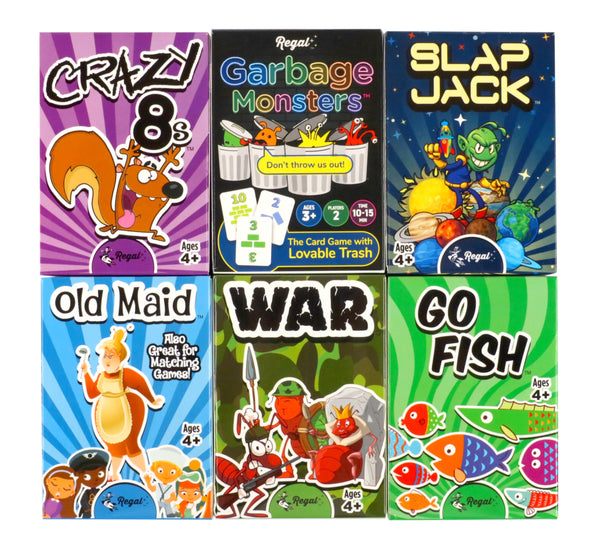 Regal Games Card Games for Kids - Go Fish, Crazy 8'S, Old Maid, Slap Jack, Garbage Monster, War - Simple & Fun Classic Family Table Games - Games