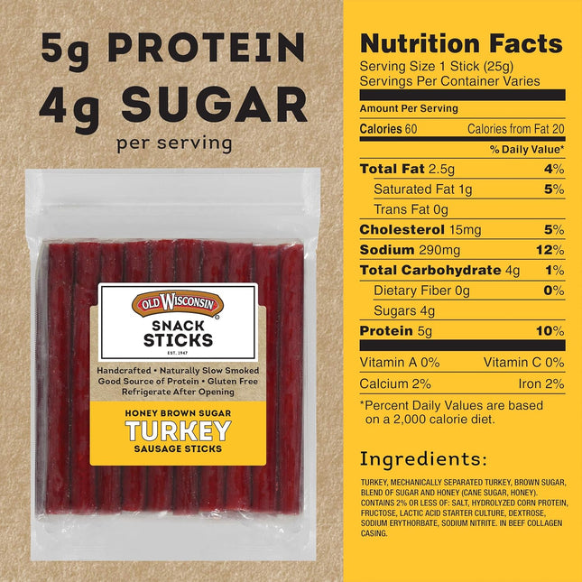 Old Wisconsin Honey Brown Sugar Turkey Sausage Snack Sticks, Naturally Smoked, R