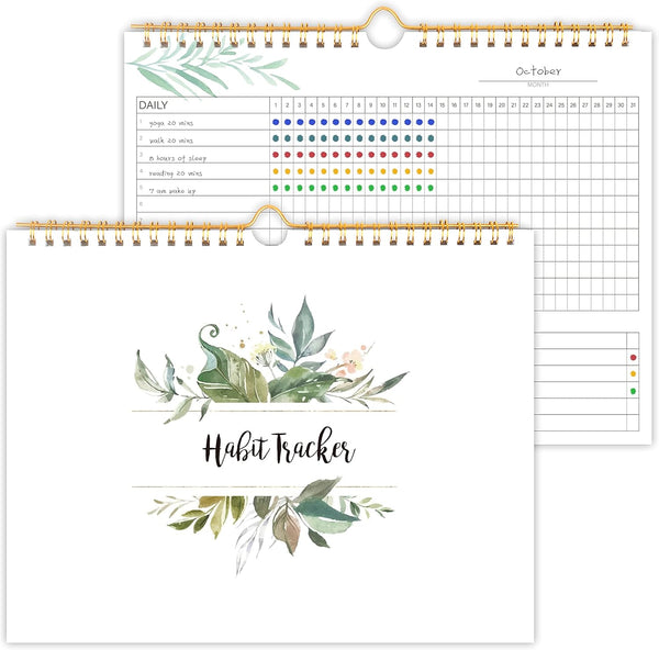 Habit Tracker Calendar- 12 Months Undated Daily Weekly & Monthly Period Habit Tracker Journal, Greenery Floral, Spiral Binding with Writable Goals