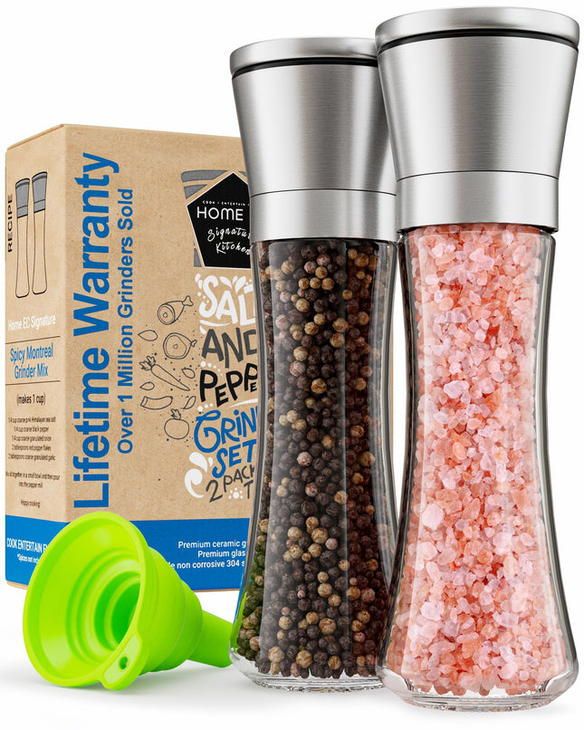 Home EC Premium Stainless Steel Sea Salt and Pepper Grinder Set of 2 - Adjustable Ceramic - Tall Glass Salt and Pepper S