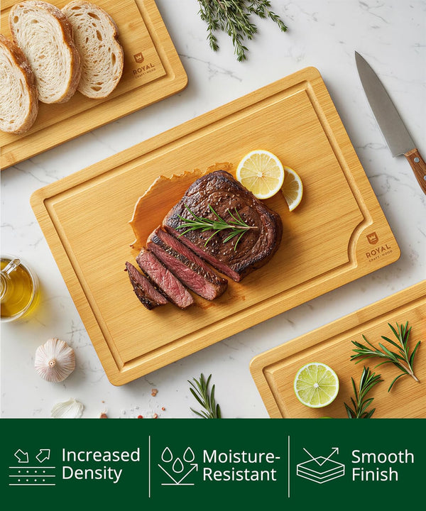 ROYAL CRAFT WOOD Wooden Cutting Boards for Kitchen Meal Prep & Serving - Bamboo Wood Serving Board Set with Deep Juice Groove Side Handles -