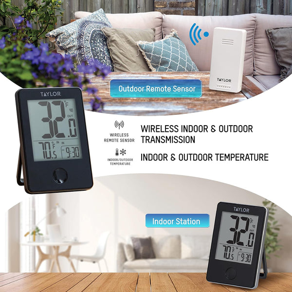 Taylor Wireless Digital Indoor Outdoor Thermometer, Easy to Read Numbers for Patio, Pool, and Indoor Areas, LCD, Black Black Thermometer