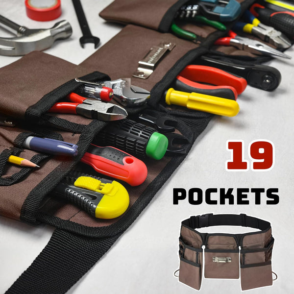 11 Pocket Brown and Black Heavy Duty Construction Tool Belt, Work Apron, Tool Pouch, with Poly Web Belt Quick Release Buckle - Adjusts from 33”