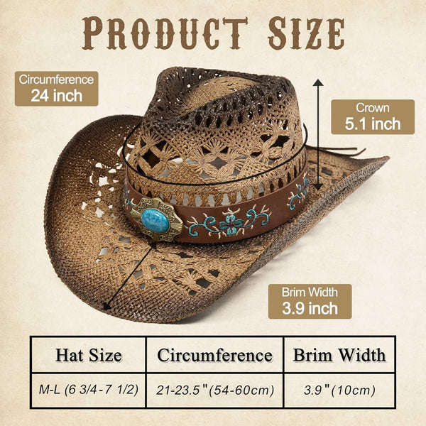 FLUFFY SENSE. Cowgirl Hats for Women Straw Cowboy Hat Western Beach Sun Hat with Shapeable Brim for Coastal Cowgirl 6 5/8-7 1/2 Pecan Brown