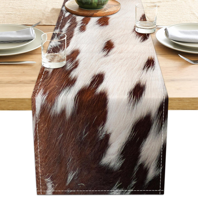 Linen Cow Print Table Runner 13X71 Inch Farmhouse Western White Brown Cowhide Runners Table Decorations Rustic Coffee Ta