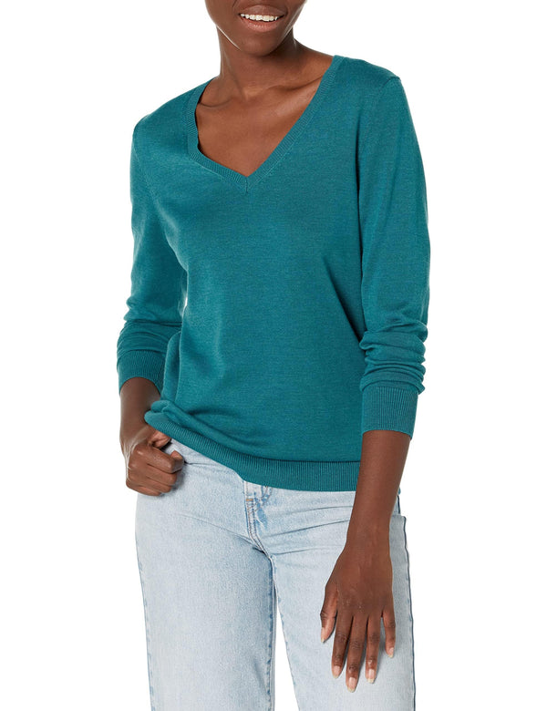 Amazon Essentials Women's Lightweight Long-Sleeve V-Neck Sweater Regular Teal Heather Small