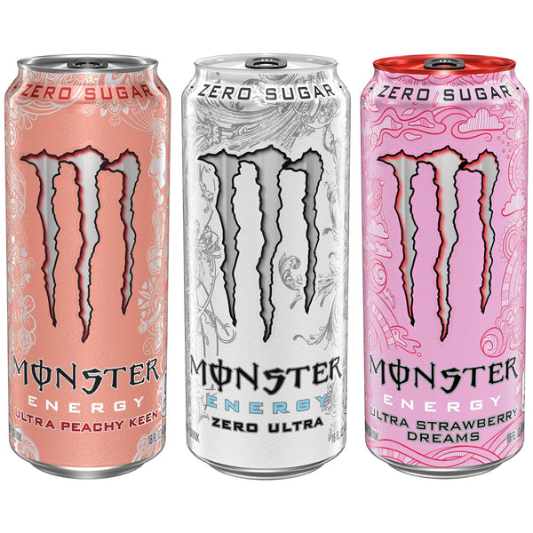 Monster Energy Ultra Variety Pack, PKZSD, Sugar Free Energy Drink, 16 Ounce | Pack of 15 Zero Ultra, Strawberry Dreams, Peachy Keen 15 Pack