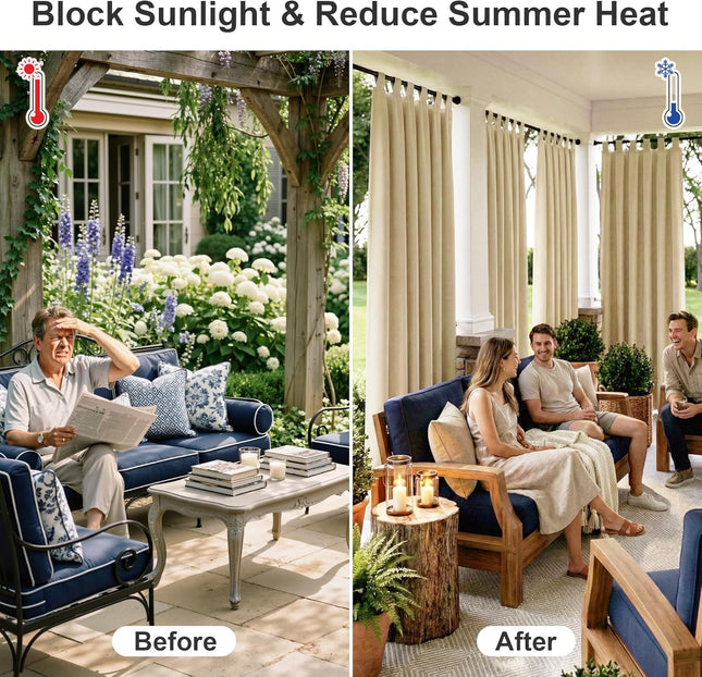 RYB HOME Outdoor Patio Curtains - Blackout Waterproof Porch Curtains & Drapes Pr
