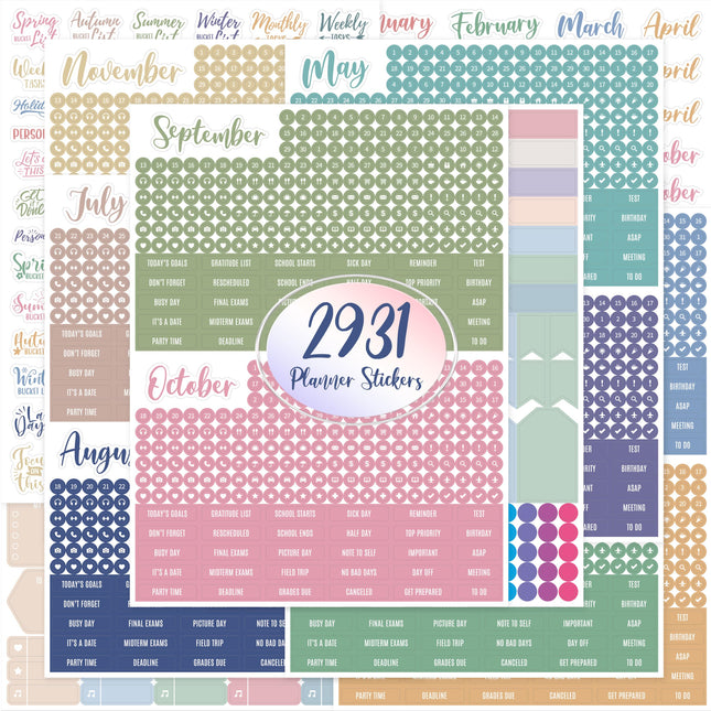 2931 Planner Stickers, Color Coordinating Monthly Functional Stickers Daily Calendar Stickers Aesthetic Note to Do Blank