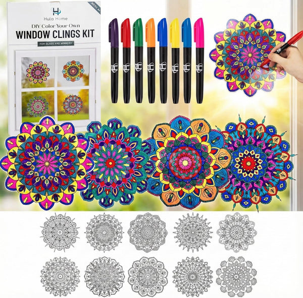 Hula Home Stained Glass Mandala Art Kit - DIY Window Clings with Markers, 10 Suncatchers - Perfect Hobby for Adults, Kids, Teens & Seniors - Ideal