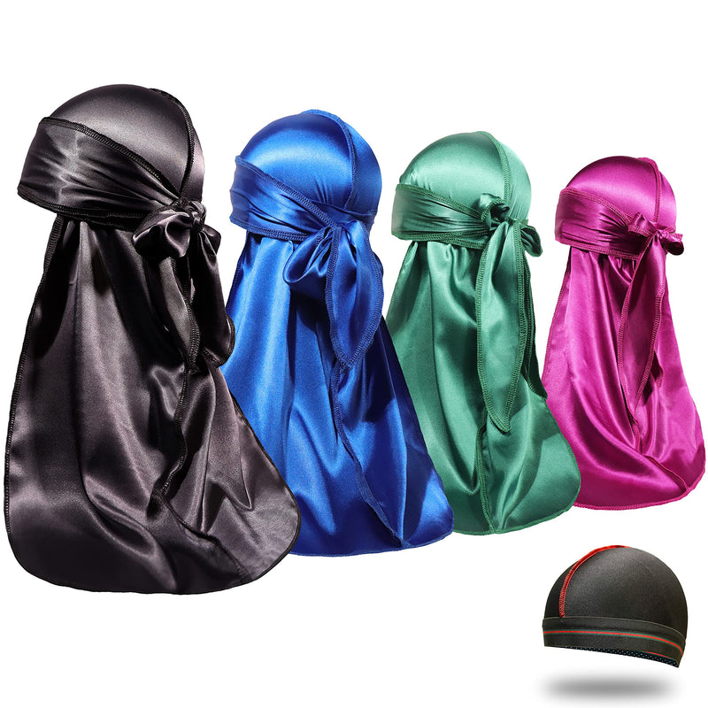 4PCS Silky Durags for Men Women 360 Waves with 1 Wave Cap, Silky Satin Durag Extra Long Tails Black Blue Green Purple