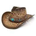 FLUFFY SENSE. Cowgirl Hats for Women Straw Cowboy Hat Western Beach Sun Hat with Shapeable Brim for Coastal Cowgirl 6 5/8-7 1/2 Pecan Brown