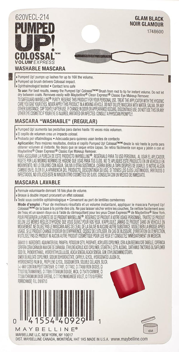 Maybelline Volum' Express Pumped up Colossal Mascara, Washable Formula Infused with Collagen for up to 16X Lash Volume, Glam Black, 1 Count