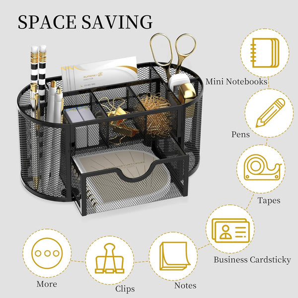 Mesh Desk Organizer with Drawer, 9-Compartment Pen Holder for Desk, Black Obsidian Black