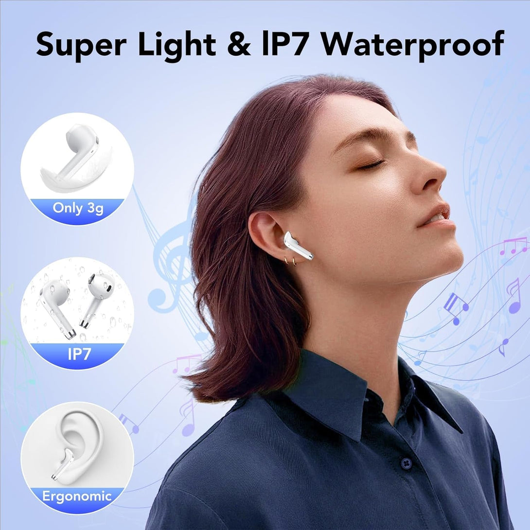 Wireless Earbuds, Bluetooth Headphones 5.3, 50H Playtime LED Display Deep Bass Ear Buds with 4 ENC Noise Cancelling Mic, IP7 Waterproof In-Ear Earphones for Phone Tablet Laptop Sports (White)