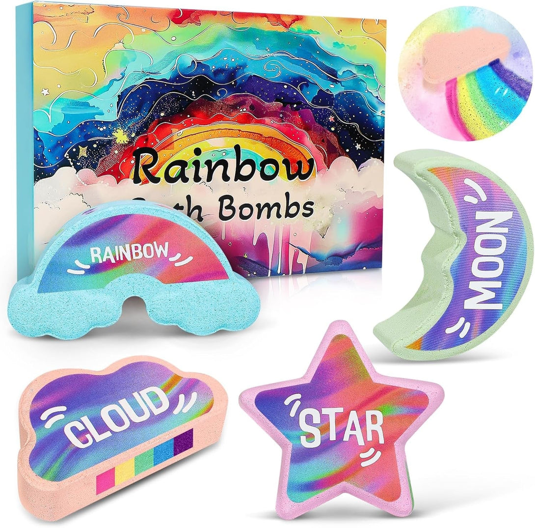 Rainbow Bath Bombs for Kids - 4 Pcs Handmade Natural Kids Bath Bombs, Organic Bubble Bath for Girls, Birthday Gifts for Kid Girl
