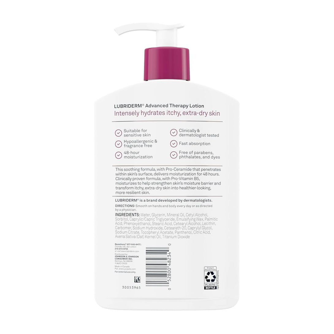 Lubriderm Advanced Therapy Fragrance Free Moisturizing Hand & Body Lotion + Pro-Ceramide, Intense Hydration for Itchy, Extra Dry, & Sensitive Skin, Non-Greasy, Hypoallergenic, 16 Fl. Oz