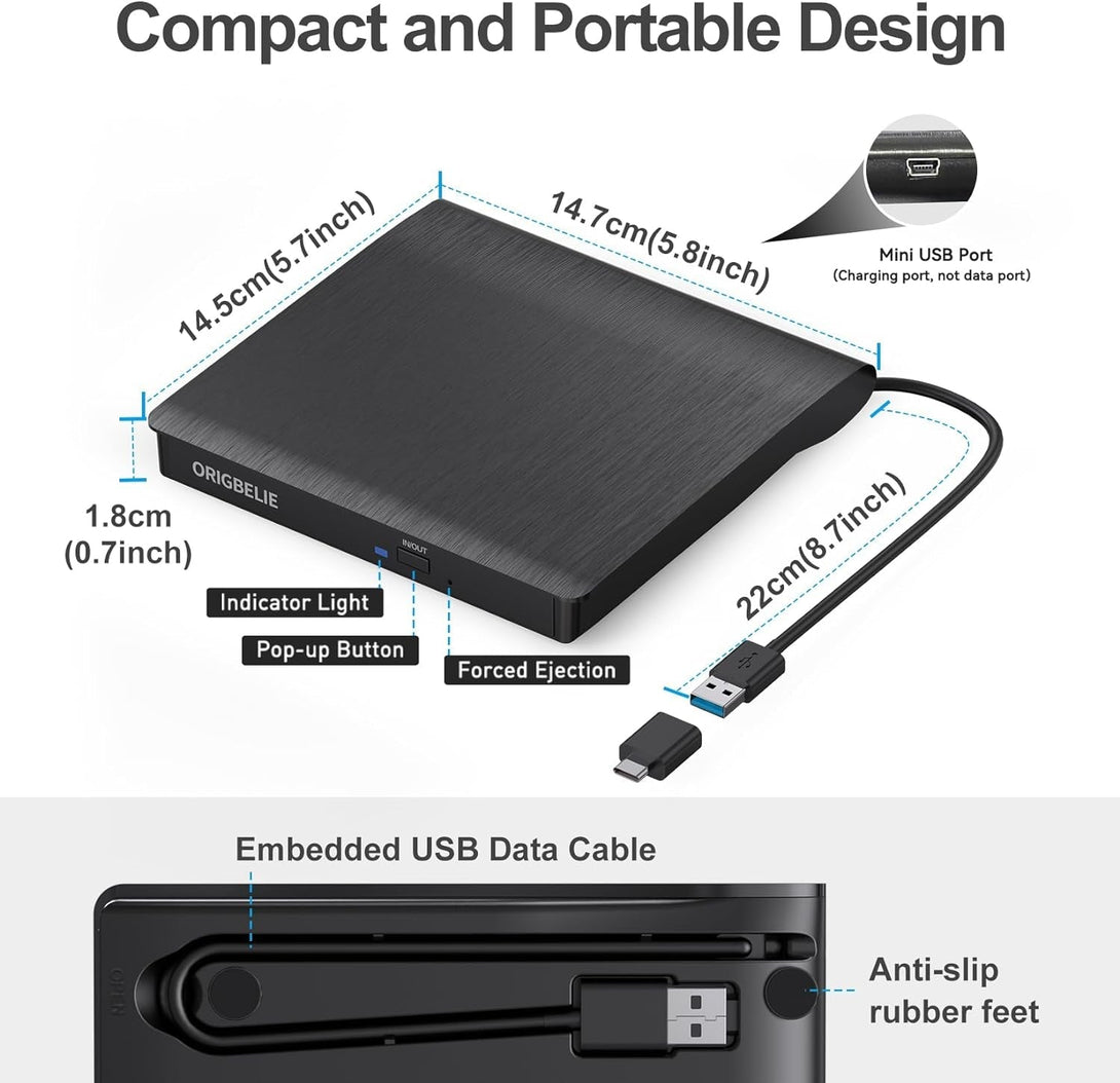 External CD/DVD Drive for Laptop, USB 3.0 CD Burner +/-RW CD ROM External DVD Drive Portable DVD Player for Laptop Desktop PC Apple Mac Windows 11/10/8/7/XP Linux OS
