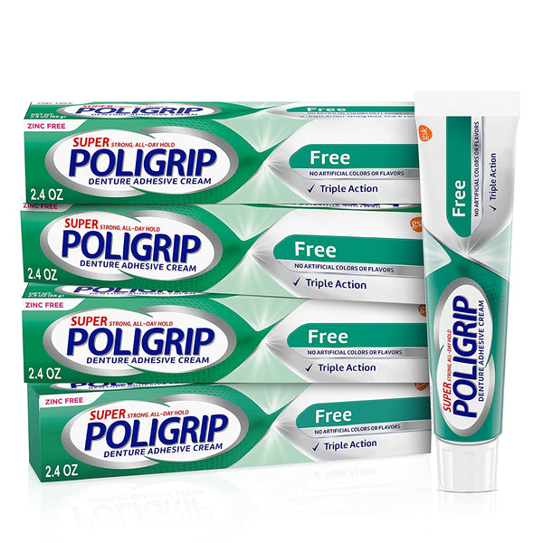 Super Poligrip Zinc Free Denture and Partials Adhesive Cream, 2.4 Ounce (Pack of 4)