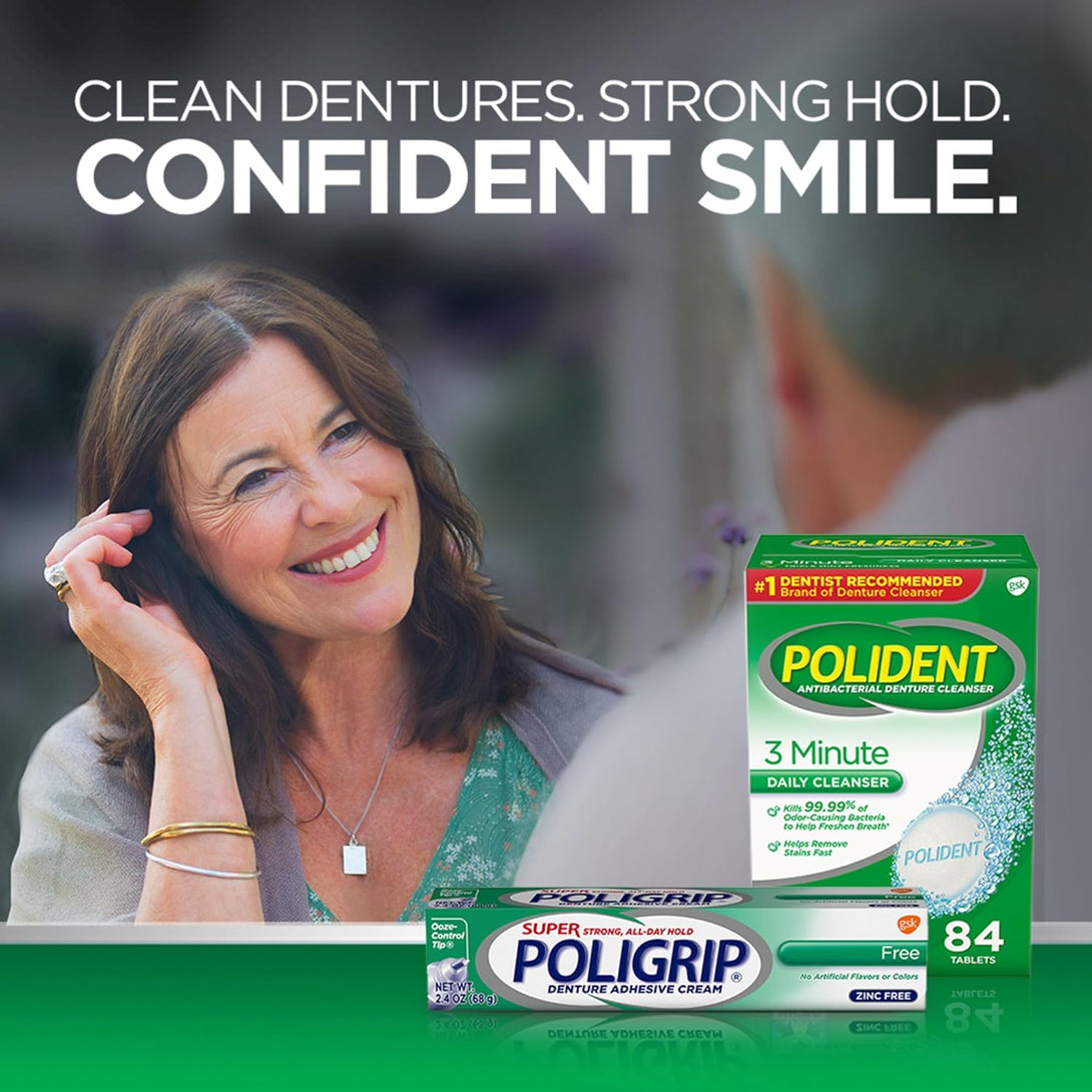 Super Poligrip Zinc Free Denture and Partials Adhesive Cream, 2.4 Ounce (Pack of 4)