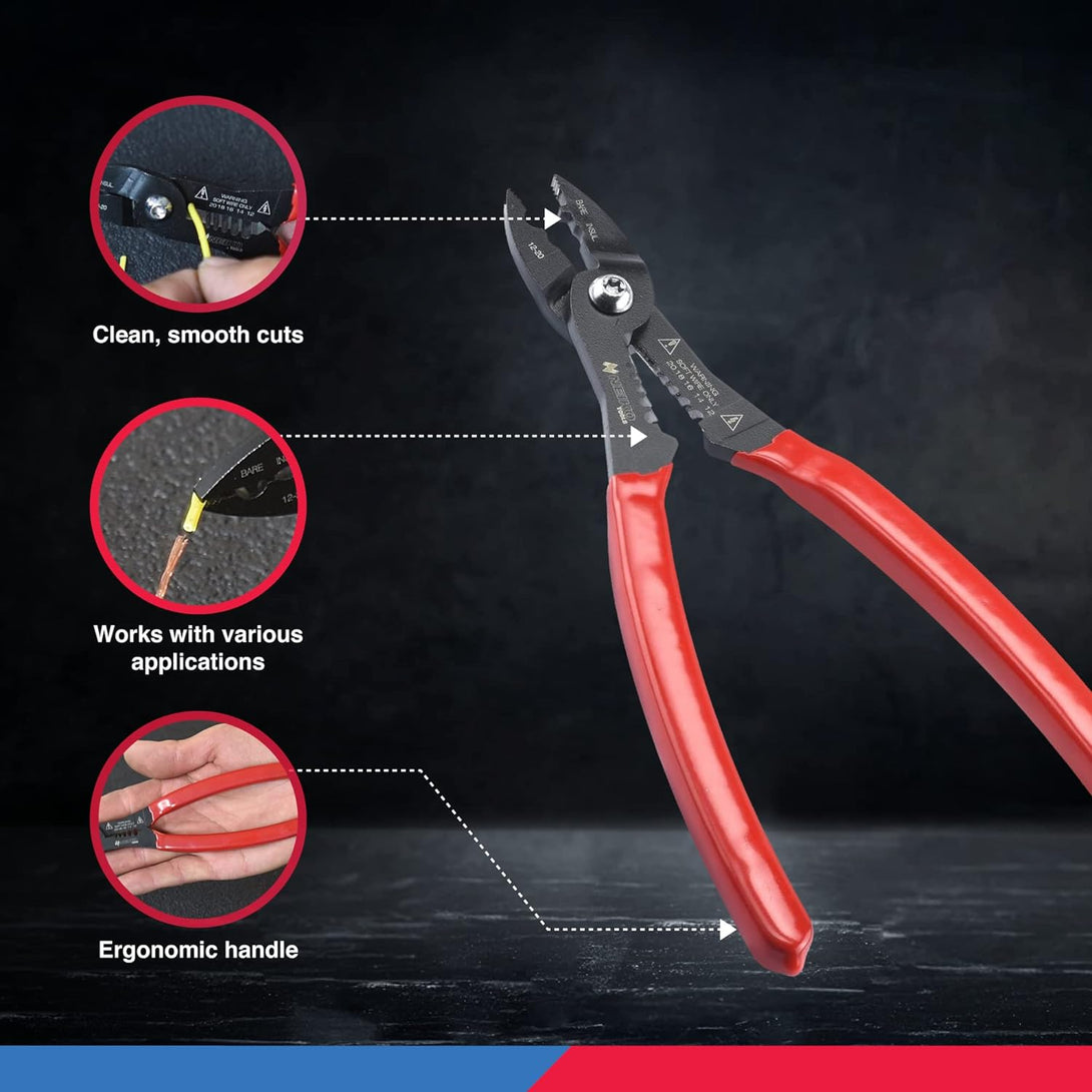 NEIKO 02037A Compact Wire Stripper | 4-In-1 Multi Purpose Electricians Pliers | Wire Crimper, Cutter and Gripper | 12-20 AWG Wire Service Tool | Crimps Insulated & Non-Insulated | Electrical Stripping