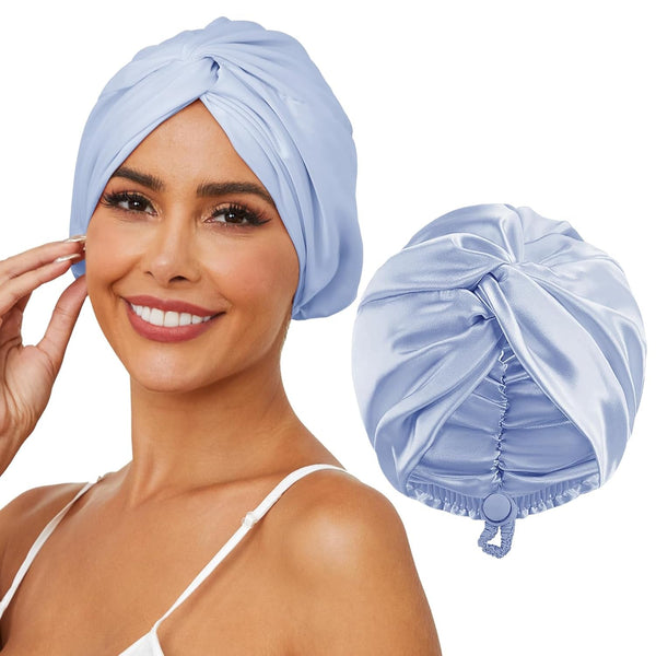 Adjustable Silk Satin Hair Bonnet for Sleeping, Double Layer Hair Wrap Sleep Cap Turban for Women Men, Curly Straight Long Large Braid Unisex (Misty Sky Blue 88)