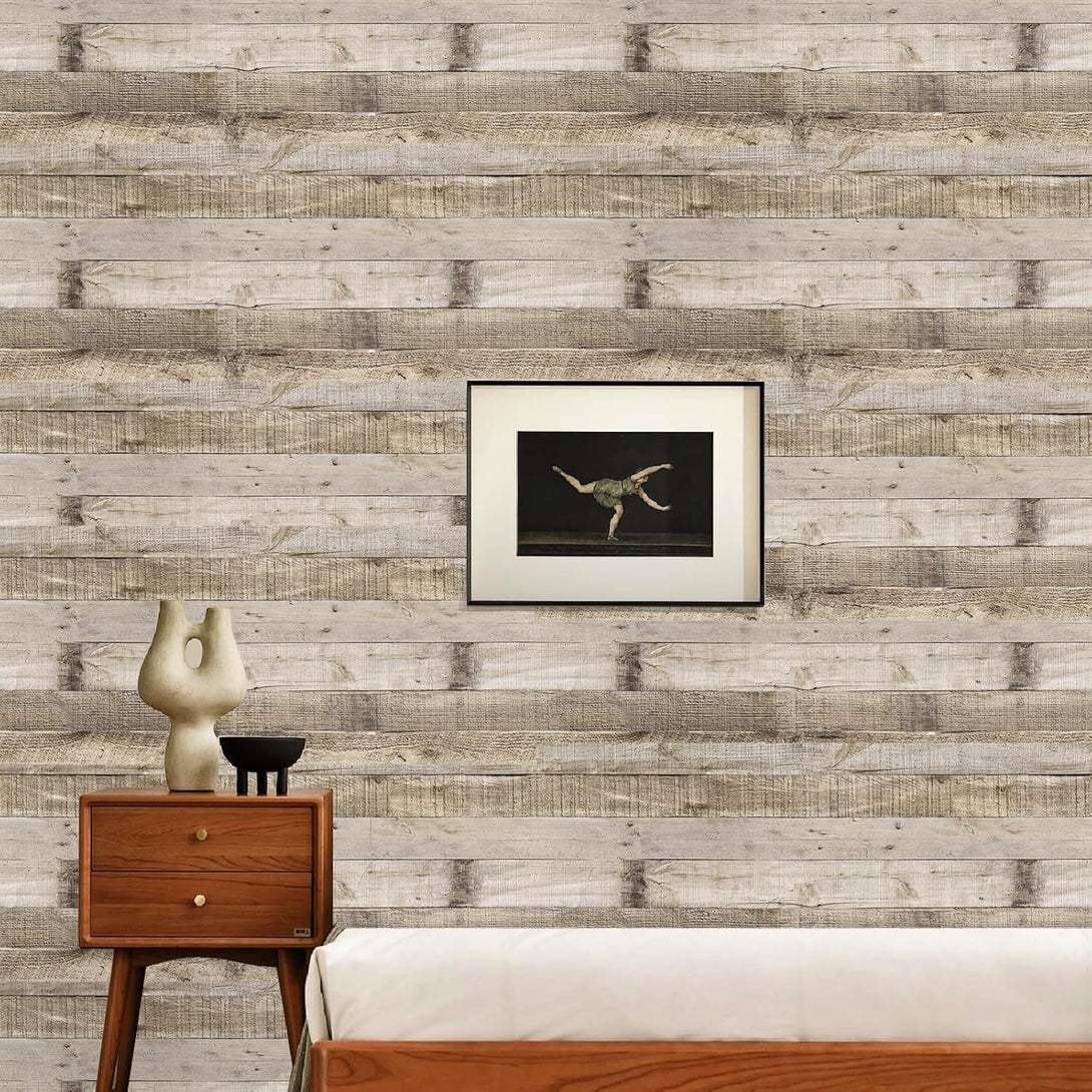 Anmon Peel and Stick Wallpaper Wood Contact Paper, Light Gray Wood Plank Wallpaper 17.7“ X 118”, Shiplap Wall Paper Peel and Stick for Cabinets, Rustic Bathroom Removable Modern Decorative
