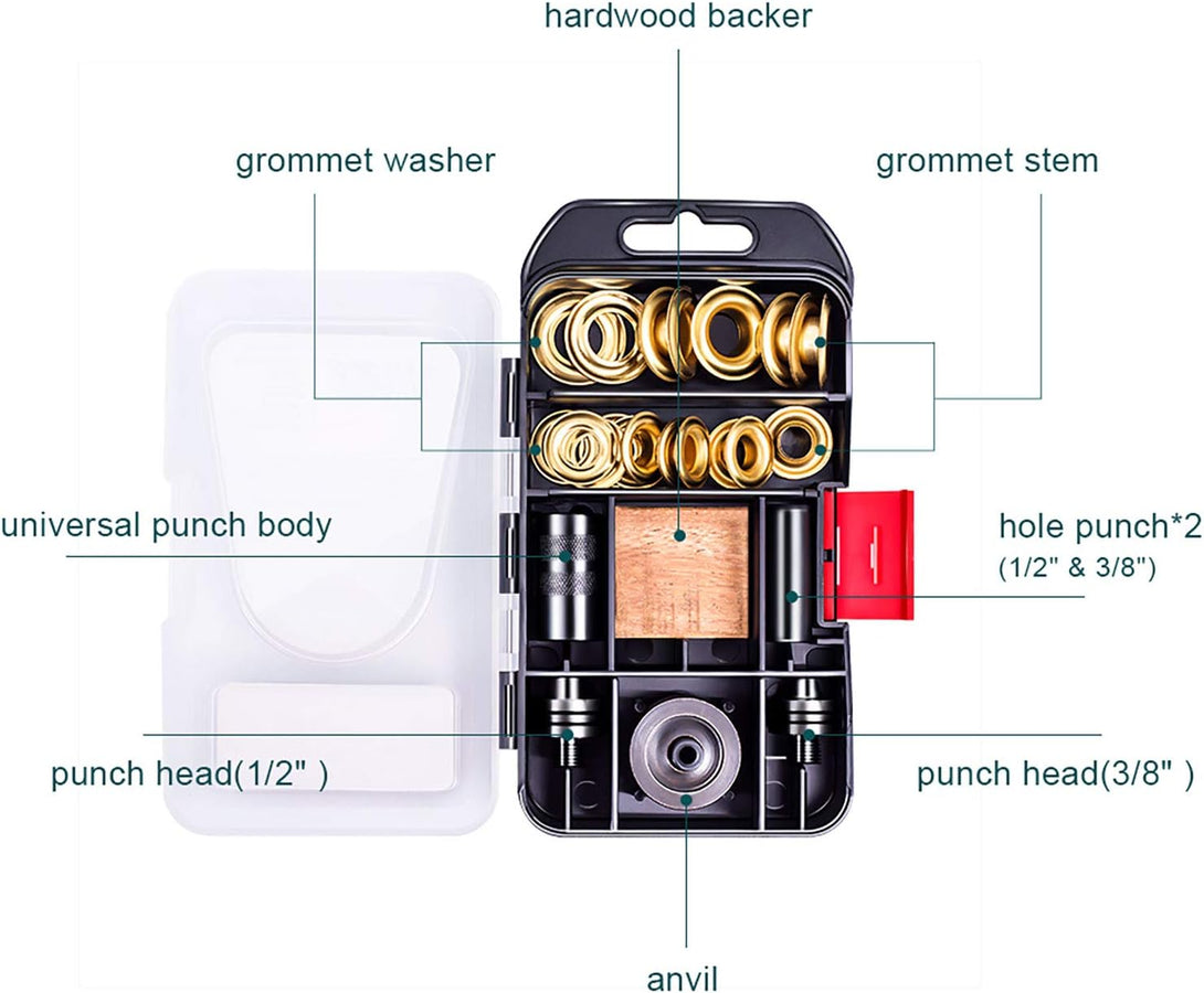 Grommet Kit, NEU MASTER 3/8" and 1/2" Solid Brass Grommets with Eyelets Setting Tool and Storage Box, NH1003K