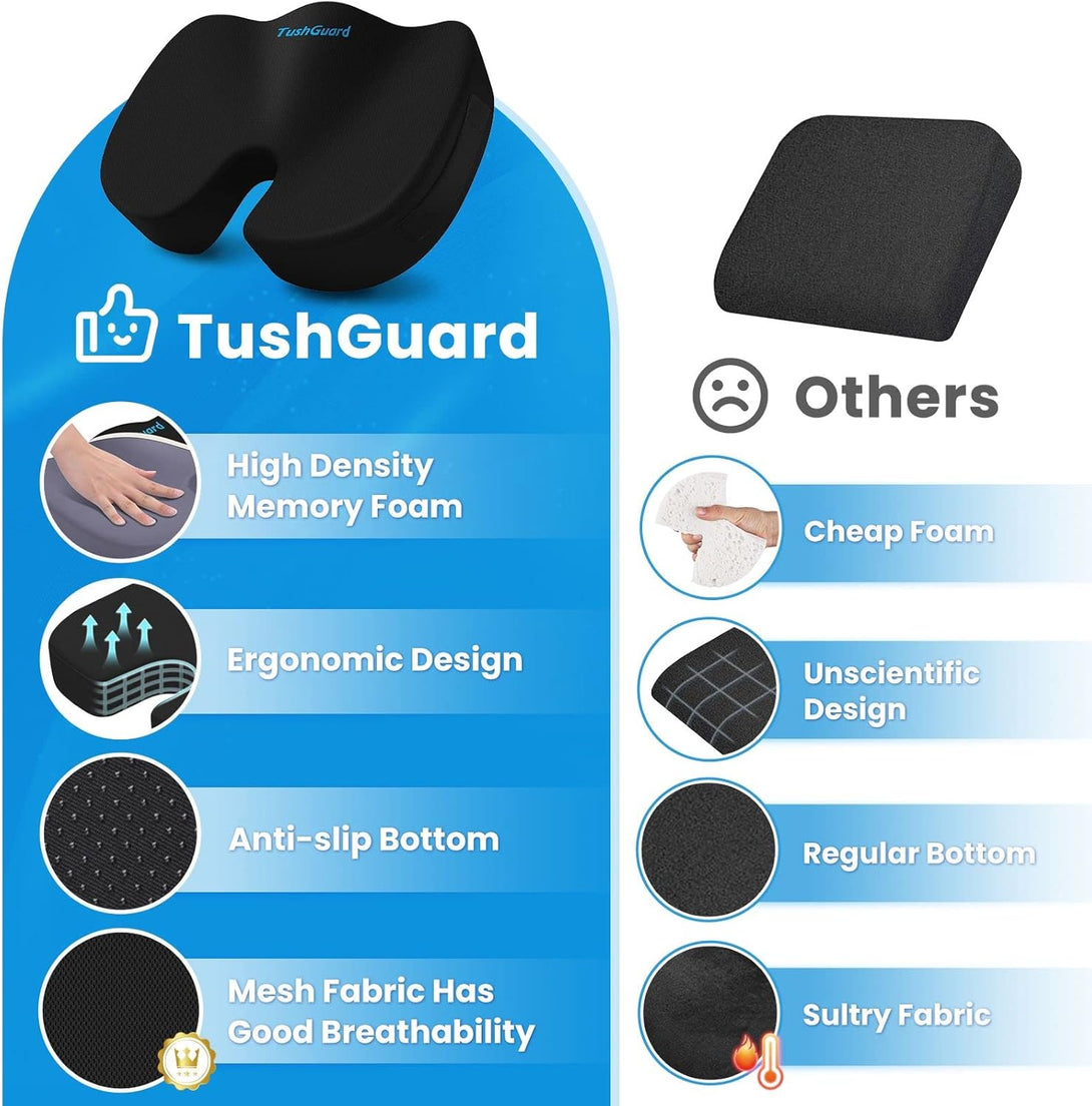 Tushguard Seat Cushion, Office Chair Cushions, Car Seat Cushion, Non-Slip Sciatica & Back Coccyx Tailbone Pain Relief Chair Pad, Memory Foam Butt Pillow for Computer Desk, Office Chair