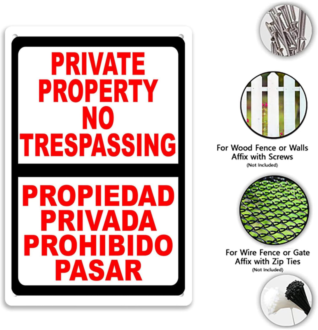 Bilingual Private Property No Trespassing English & Spanish Security Signs. Privada. 8" X 12" Inch Metal