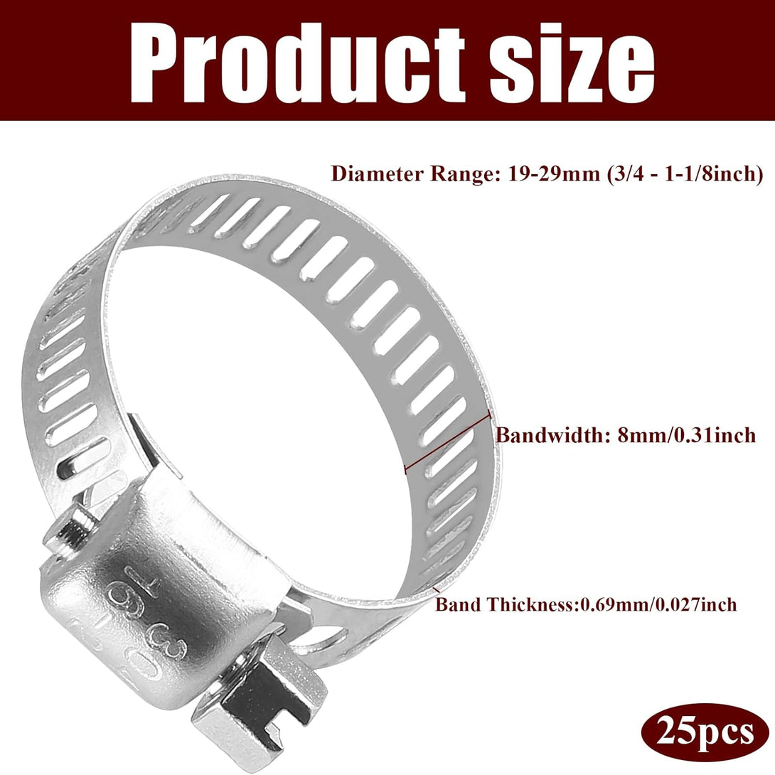 25 Pack Stainless Steel Hose Clamp Adjustable 3/4" - 1-1/8" (19-29Mm) Worm Gear Hose Clamp, Stainless Steel Fuel Line Pipe Clamp for Plumbing, Automotive and Mechanical Application