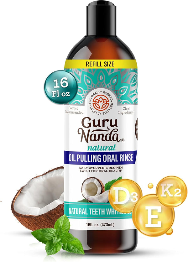 Gurunanda Coconut Oil Pulling, Fresh Breath & Whitening Mouthwash, 7 Essential Oils & Vitamins for Happy Teeth & Gums, Alcohol-Free, 16 Oz