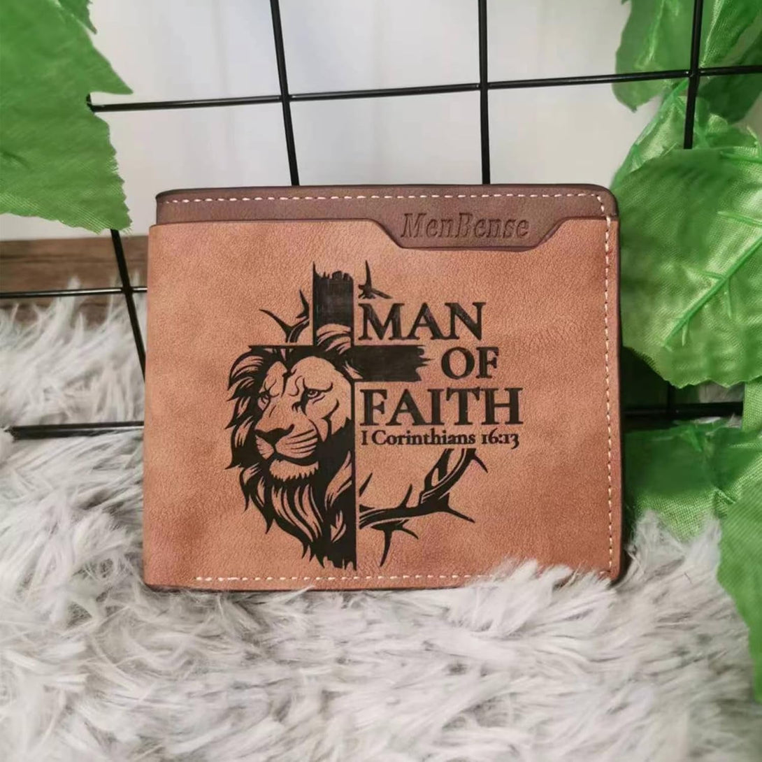 Kasutoo Men'S PU Wallet Multiple Card Slots, Id Window with Laser Engraving Pattern (Lion Man of Faith)