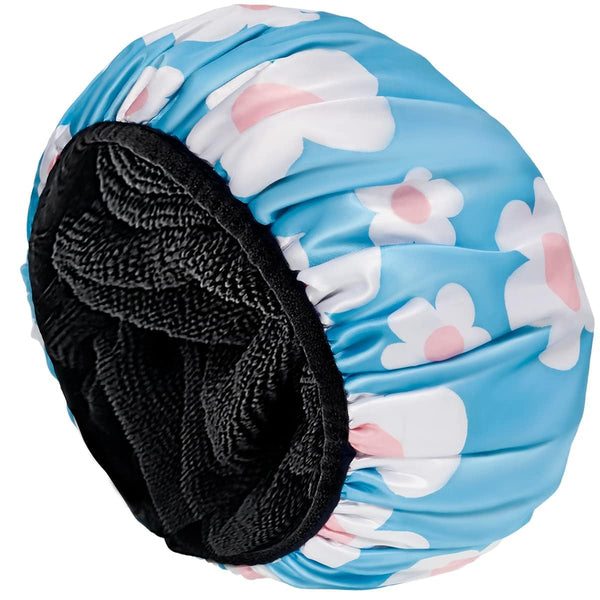 Aquior Shower Cap,Extra Large Triple Layer Bathing Cap with Dry Hair Function for Women Microfiber Terry Cloth Silky Satin 100% Waterproof Reusable Long Hair Bath Caps (Light Blue Flora)