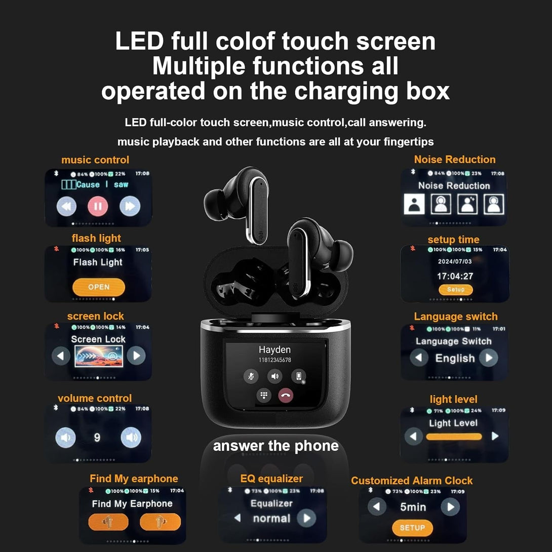 Smart Touchscreen Wireless Bluetooth 5.3 Headset, Super Smart Noise Canceling Earbuds, In-Ear Earbuds with Ear Caps, IPX56 Water Resistant, for Ios/Android, Sports, Business