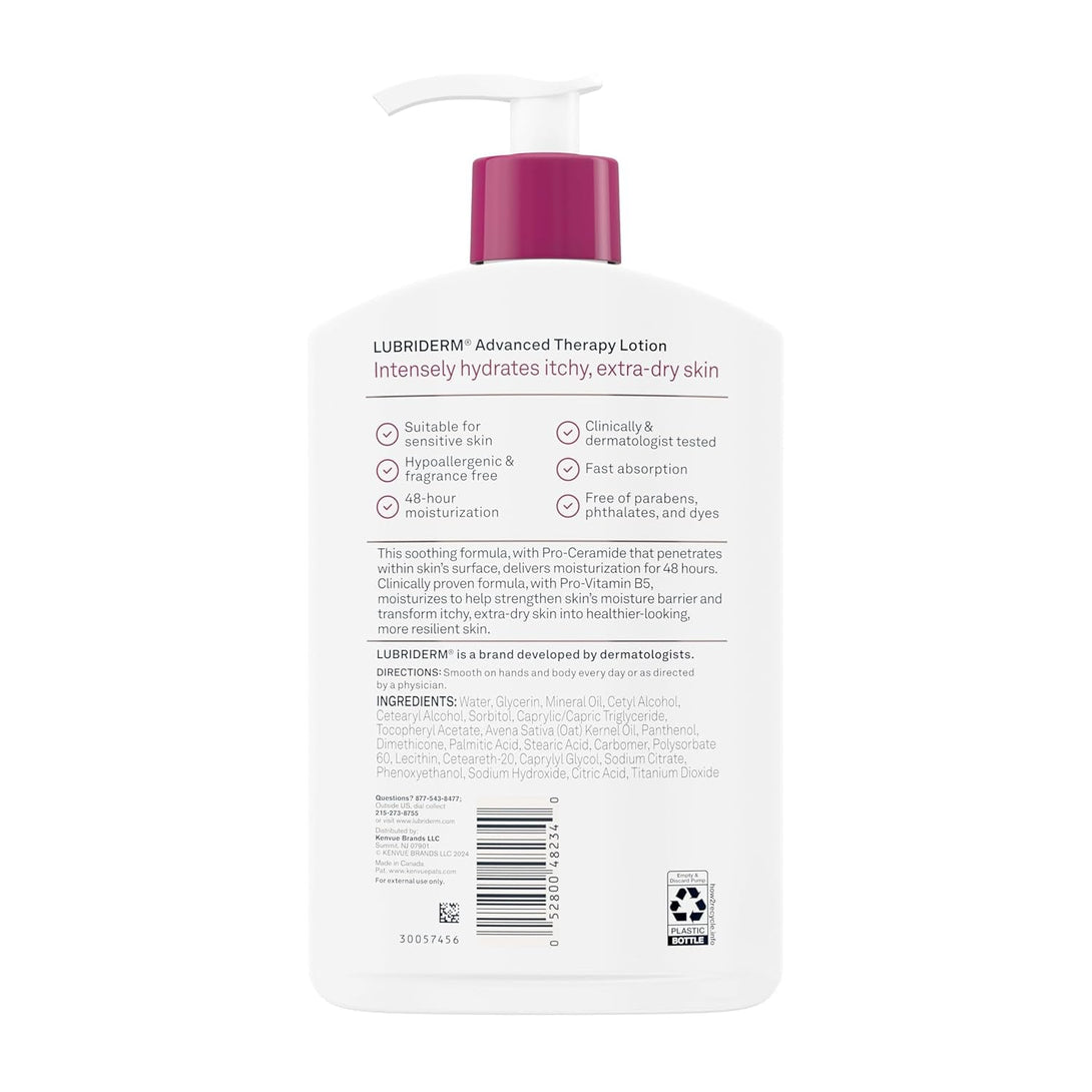 Lubriderm Advanced Therapy Fragrance Free Moisturizing Hand & Body Lotion + Pro-Ceramide, Intense Hydration for Itchy, Extra Dry, & Sensitive Skin, Non-Greasy, Hypoallergenic, 16 Fl. Oz