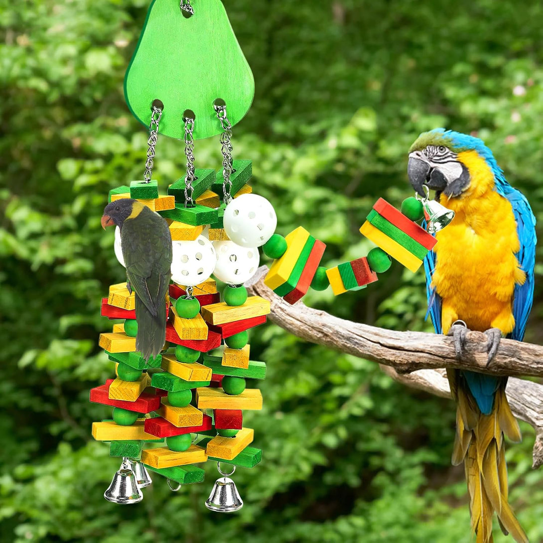 Large Bird Toys, Parrot Toys Gift for Macaws African Grey Amazon Parrots, Chewing Toy for Large Birds with Colorful Wooden Blocks Beads and Crisp Bells (Avocado Style)