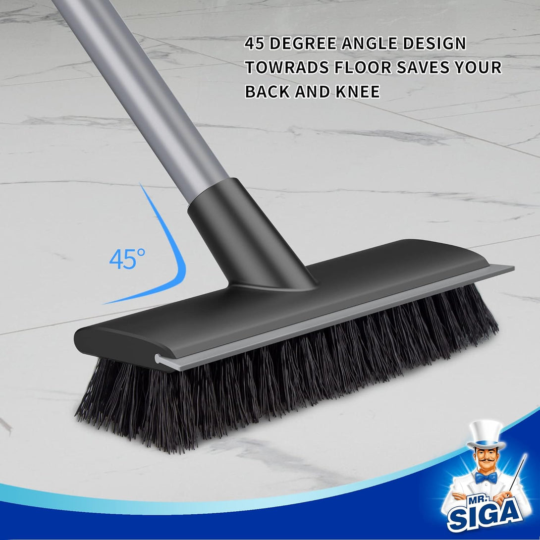 MR.SIGA Floor Scrub Brush with Long Handle, 2 in 1 Scrubber and Squeegee for Cleaning Bathroom, Patio, Garage, Wall, Tile with Stiff Bristles