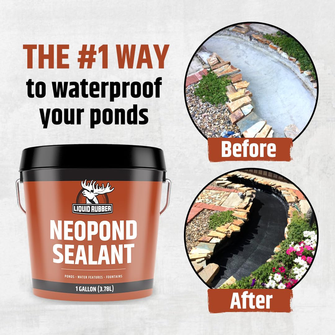 Liquid Rubber Neopond Waterproof Pond Sealant - Fish and Plant Safe Waterproofing Membrane Sealer for Ponds and Water Features, Black, 1 Gallon