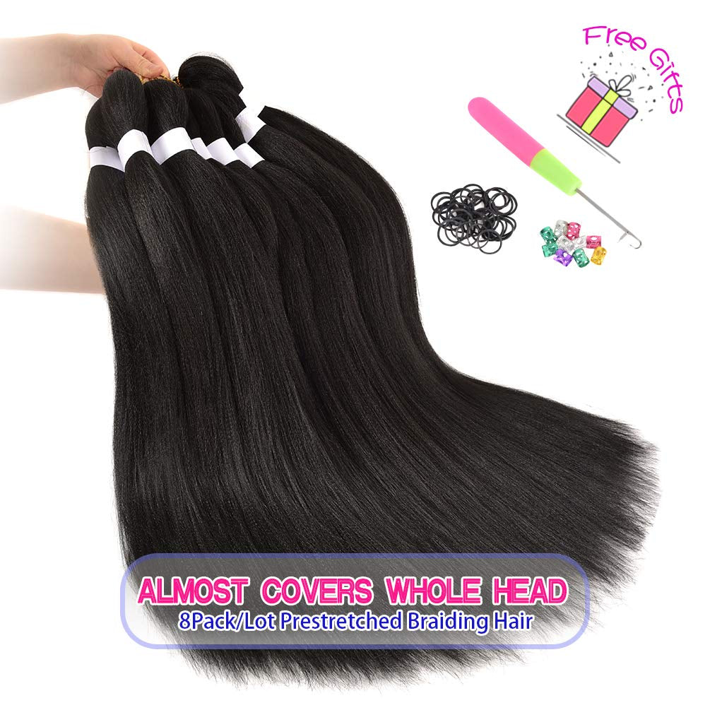 8 Pack Braiding Hair Pre Stretched - 26" 100G/Pack Premium Pre Stretched Braiding Hair Extensions, Professional Itch Free Hot Water Setting Perm Yaki Texture Prestretched Hair(1B)