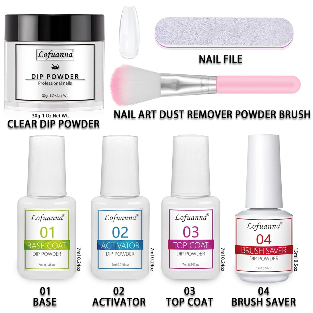 Lofuanna Dip Powder Nail Kit Starter-Clear Nail Dipping Powder with Base&Top Coat&Activator&Brush Saver,No UV/LED Needed,Diy French Nail Art Manicure,Easy to Apply for Home or Salon Use